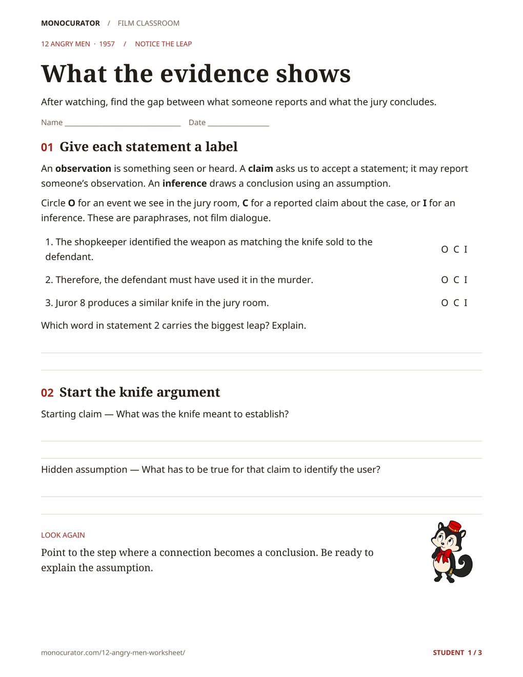12 Angry Men student worksheet with statement sorting, an evidence and inference exercise and a Momo prompt