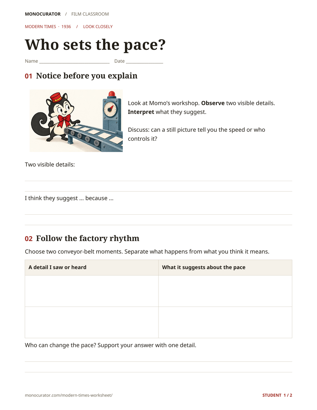 Modern Times student worksheet with Momo’s workshop illustration, an observation task and spaces to follow the assembly line