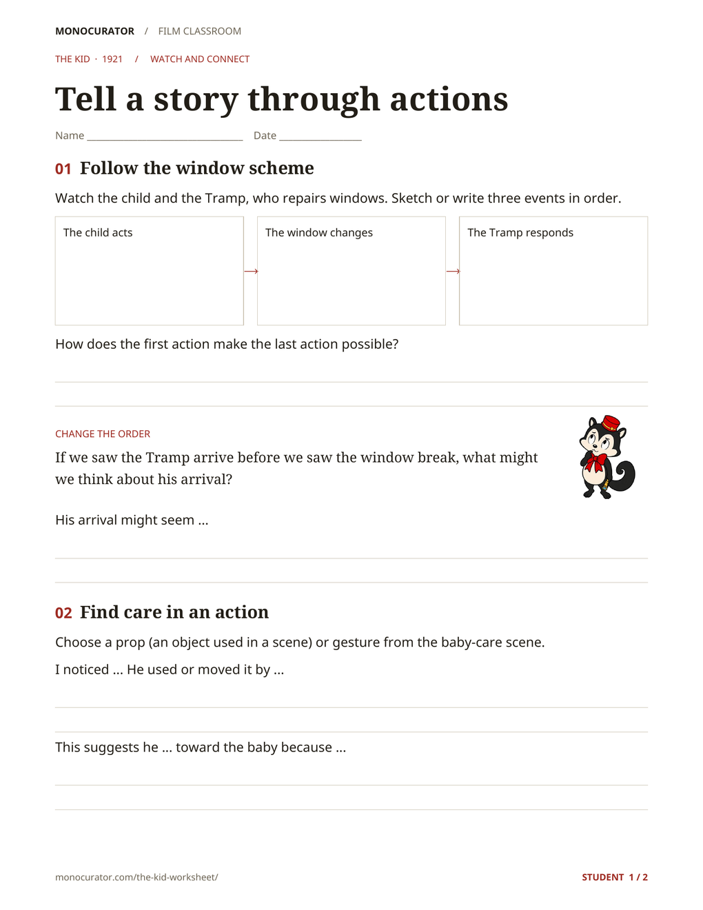 The Kid student worksheet: sequence an action, explain a connection and observe a relationship, with Momo beside a question