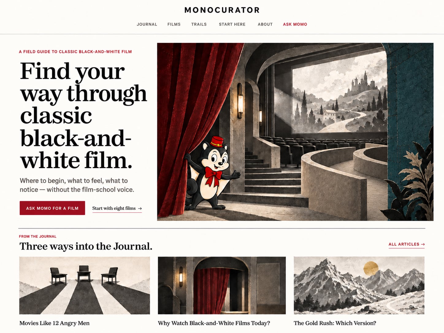 Momo draws back a red curtain onto an imagined cinema with blue walls, stone curves and a black-and-white landscape.