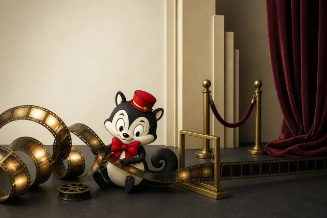 Momo guides a curling filmstrip through a brass frame beside a velvet rope and curtain.