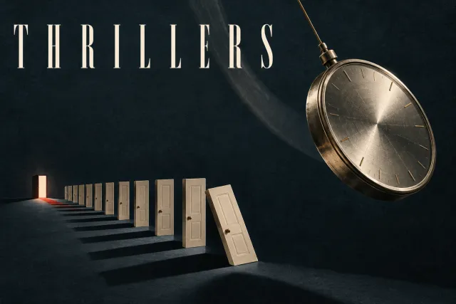 A huge pocket watch hangs over a receding line of doors leading towards a red-lit opening beneath THRILLERS lettering.