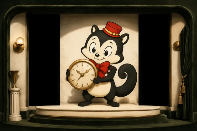 Momo holds a round brass clock inside a narrow stage opening, with dark space on either side.