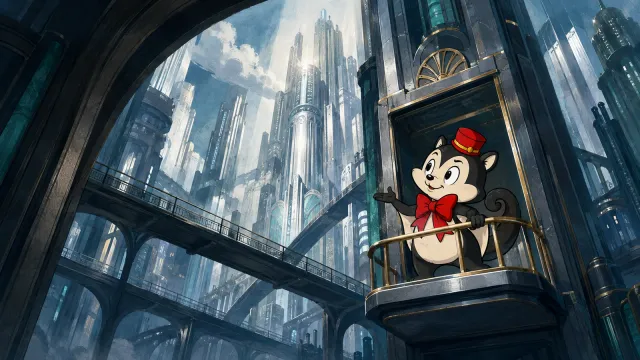 Momo looks up from an open lift into an imagined Art Deco city of silver towers and teal glass, with bridges crossing high overhead.