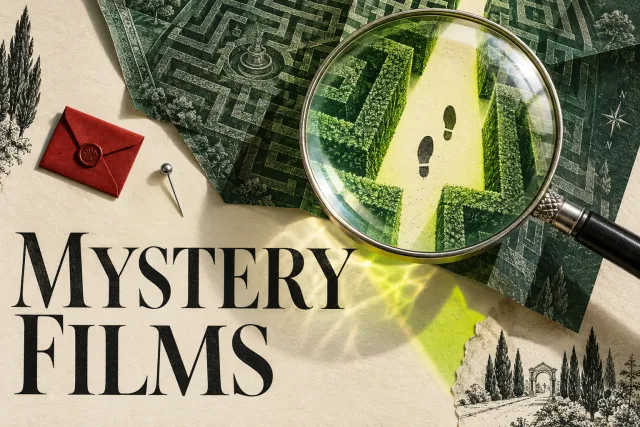 A magnifying glass reveals footprints inside a green maze beside a sealed red envelope and MYSTERY FILMS lettering.