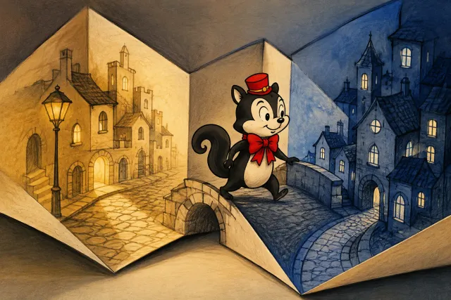 Momo crosses a bridge through a folded paper town, from an amber street into blue evening.