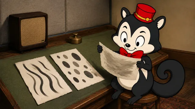 Momo compares three abstract paper samples on a felt-covered wooden workbench beside a cloth-fronted loudspeaker.