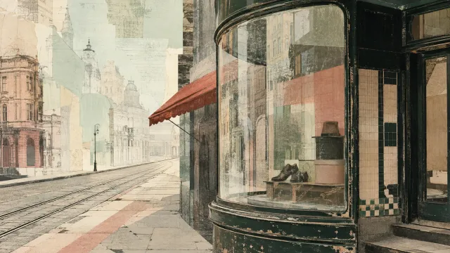 An empty street with tram tracks runs past a curved shop window displaying shoes and a hat.
