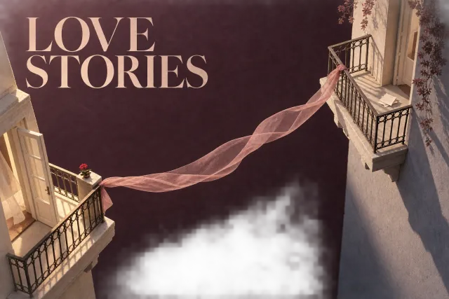 A floating pink ribbon links two empty balconies above a cloud, beside LOVE STORIES lettering on a plum background.