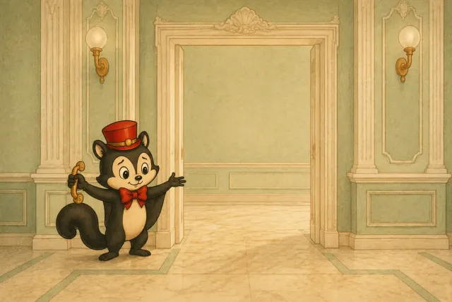 Momo holds a detached door handle beside an empty doorway and gestures towards the open passage. An imagined scene.