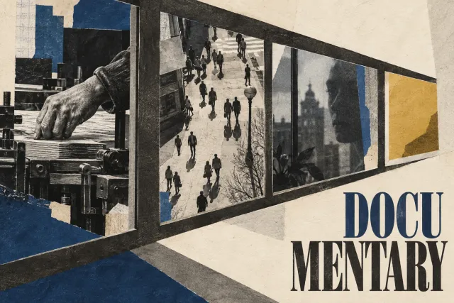 Collaged frames of working hands, a street crowd and a city recede across an ivory field beside DOCUMENTARY lettering.