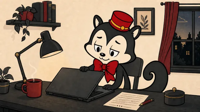 Momo calmly closing a work laptop beside a note and a warm drink at the end of the day