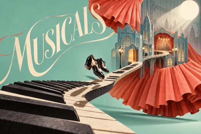 A winding piano-key path, dancing shoes and pleated red fabric lead towards a miniature theatre beneath MUSICALS lettering.