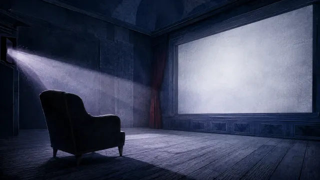 An empty armchair faces a blank screen in a dark blue room crossed by a projector beam.