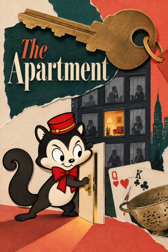 An imagined paper collage for The Apartment, with Momo at a door, a large key and office windows.