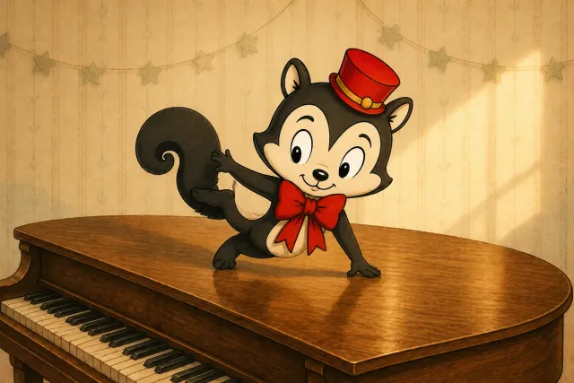 Momo balances on bare paws across the polished closed lid of a piano, with the keys visible below. An imagined scene.