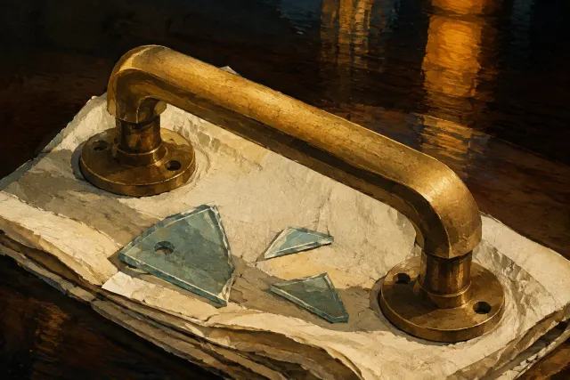 A detached brass door handle rests beside separate fragments of blue glass.