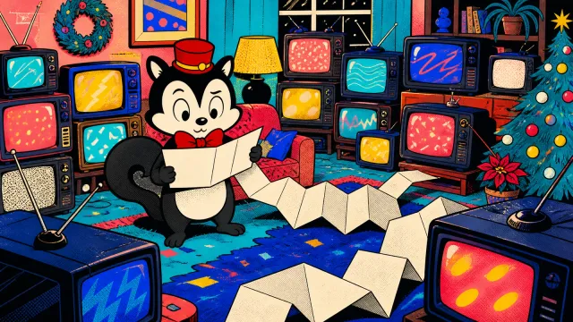 Momo unfolds a long blank television guide in a Christmas room crowded with colourful glowing television sets