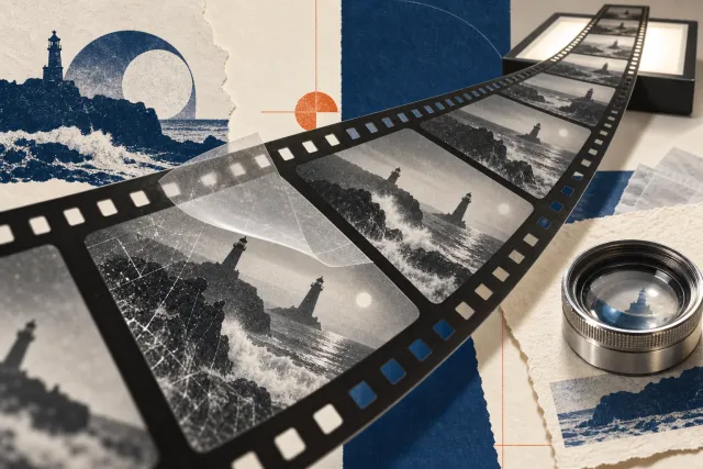 A paper collage of a lighthouse film strip crossing a lightbox, with a magnifying lens and layers suggesting scratches and image repair.