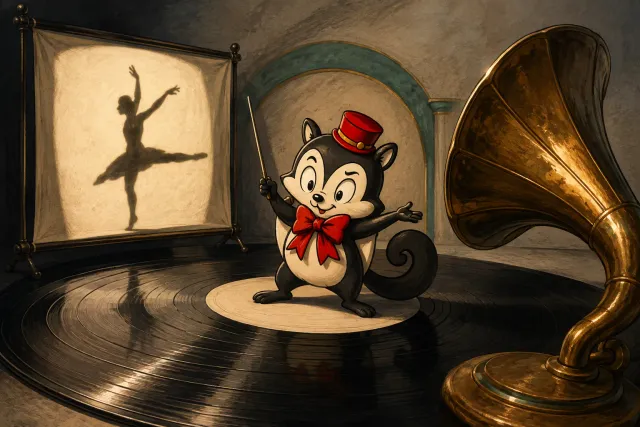 Momo conducts between a gramophone horn and a projected dancer while standing on an oversized record.