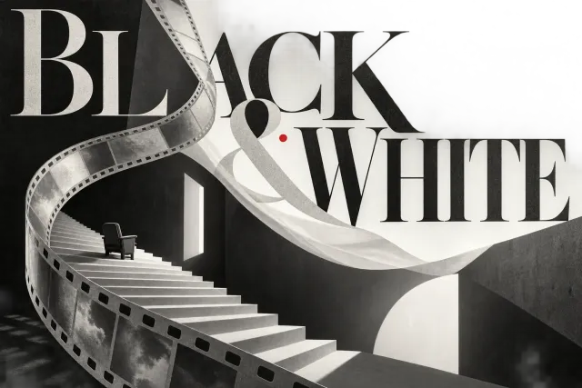 A curling filmstrip crosses white stairs and a small dark chair beneath large BLACK AND WHITE lettering.