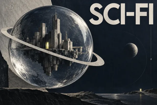A ringed sphere containing a towering city floats above a rocky landscape beneath SCI-FI lettering.