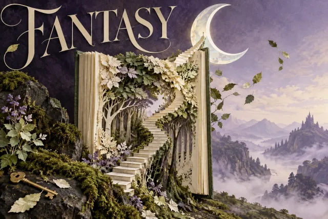 An open book becomes a forested staircase beneath a crescent moon, with a brass key and FANTASY lettering.