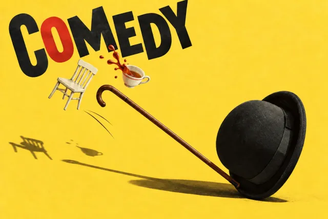 A bowler hat and wooden cane balance a tiny chair and spilling teacup beneath bold COMEDY lettering on yellow paper.