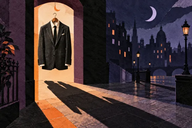 A charcoal suit hangs in a glowing doorway, casting a long shadow towards a moonlit street.