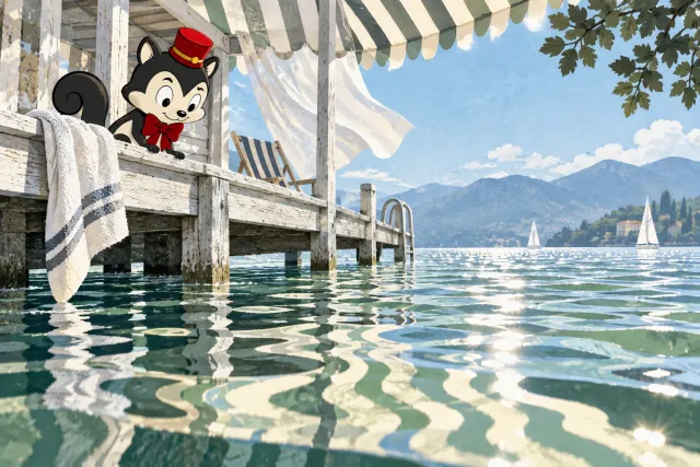 Momo looks out from a lakeside pavilion at sunlight reflected on the water.