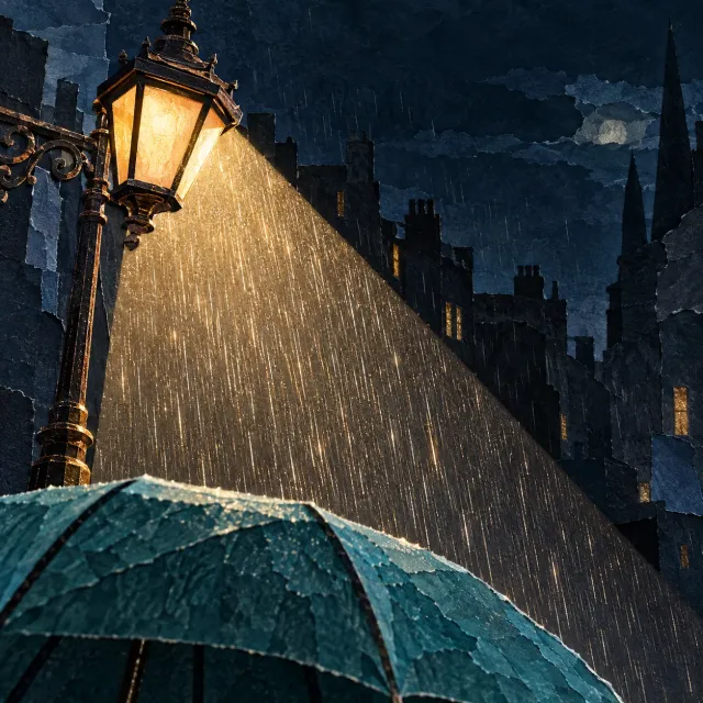 An antique streetlamp reveals a bright curtain of rain against a deep-blue paper city, with a teal umbrella below.