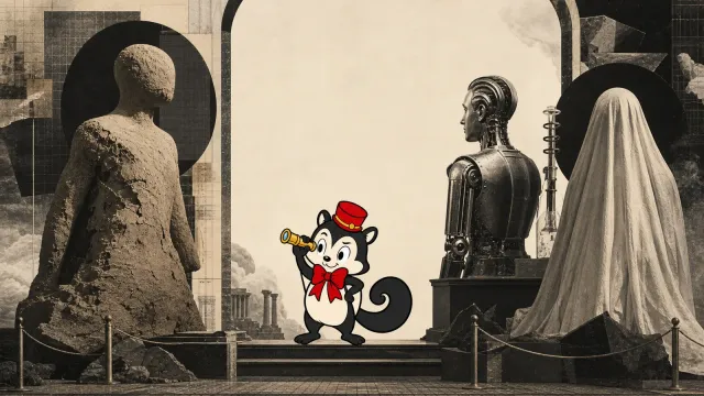 Momo stands between a clay figure, a mechanical human and a veiled laboratory creation