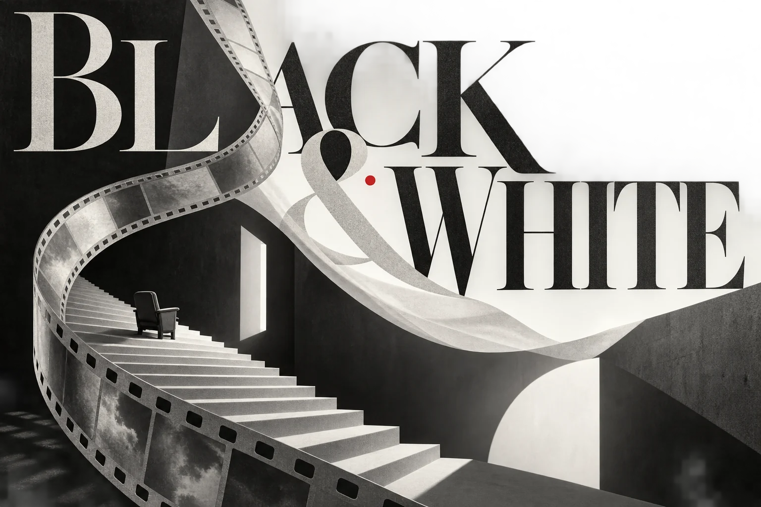 A curling filmstrip crosses white stairs and a small dark chair beneath large BLACK AND WHITE lettering.