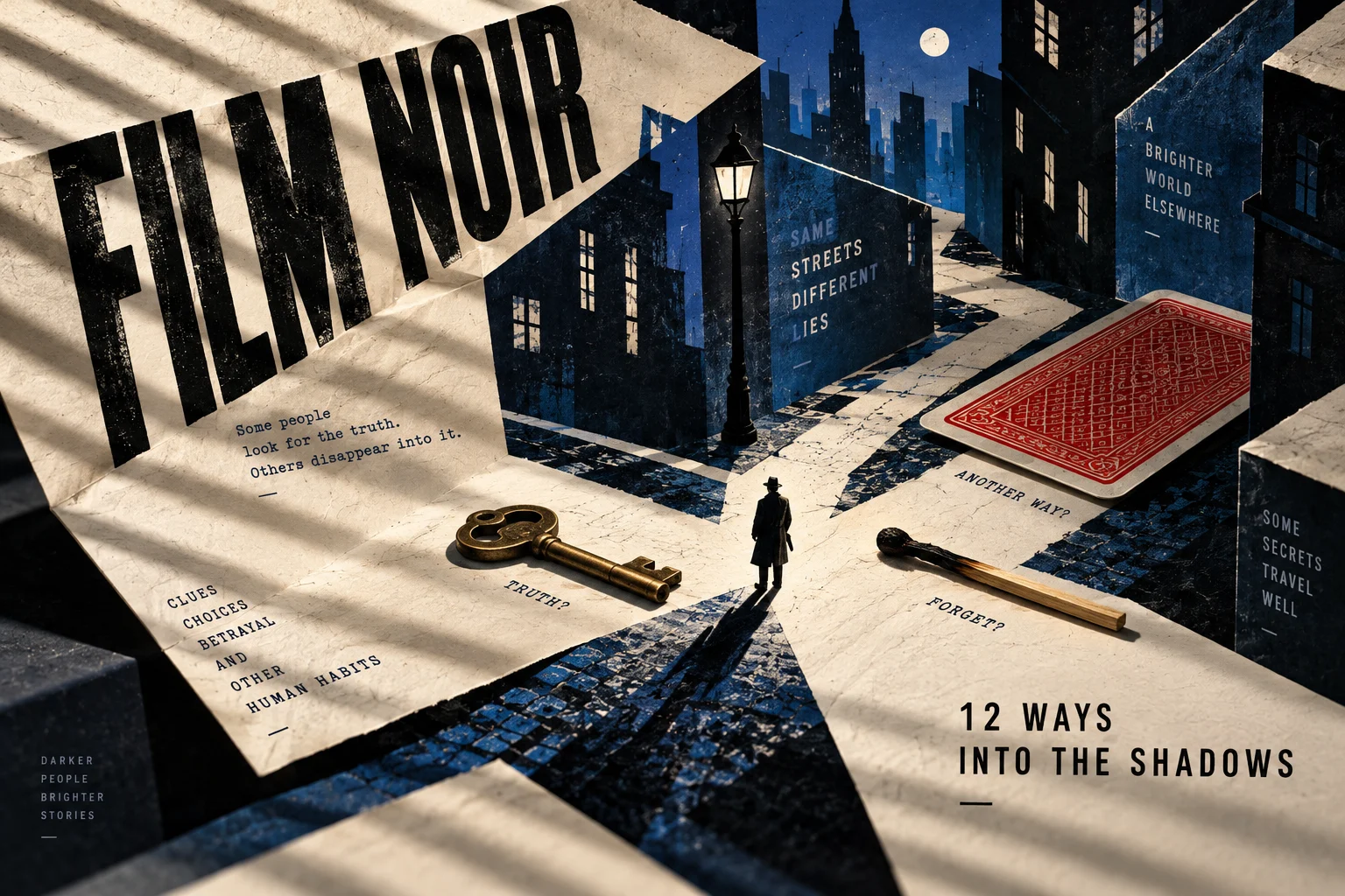 FILM NOIR lettering folds into an ivory and cobalt city, where a lone figure faces a brass key, a burned match and a red playing card.