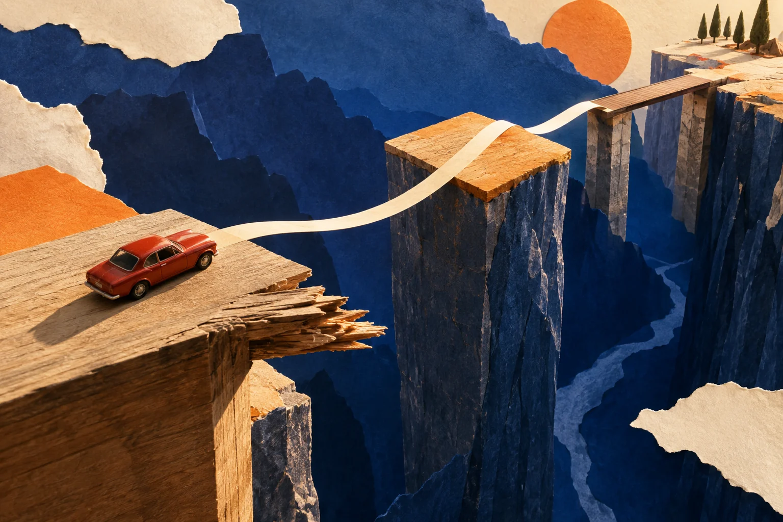 A tiny red car faces a sequence of platforms and a narrow bridge across a deep paper chasm.