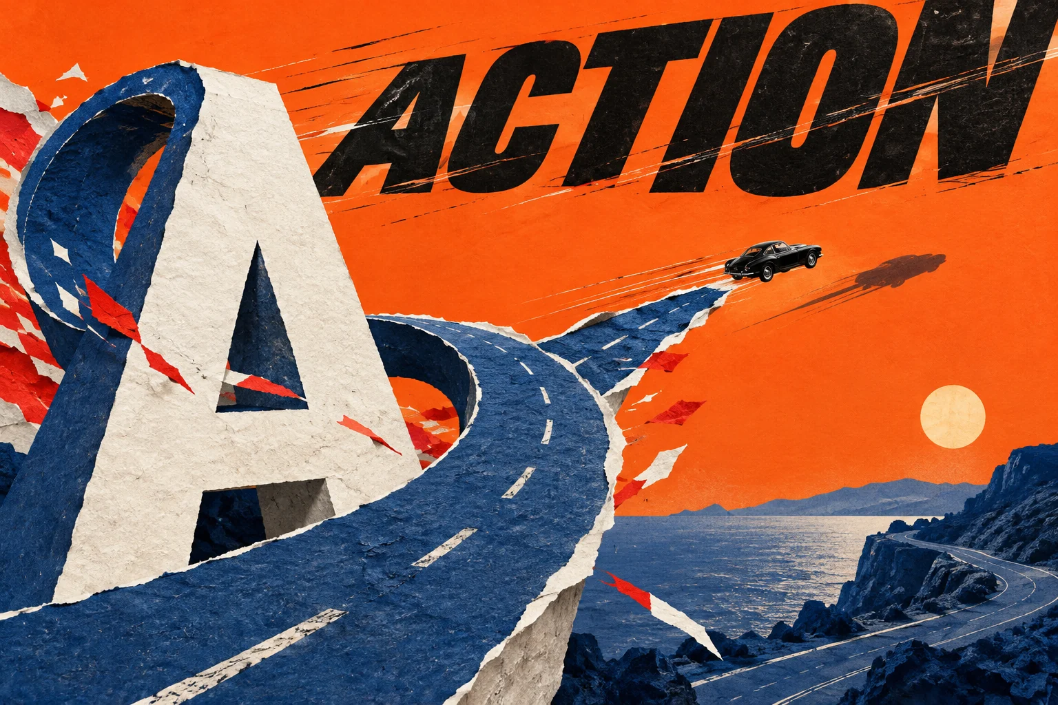 A winding blue road passes through a giant ivory letter A, with a tiny car beneath ACTION lettering on an orange sky.