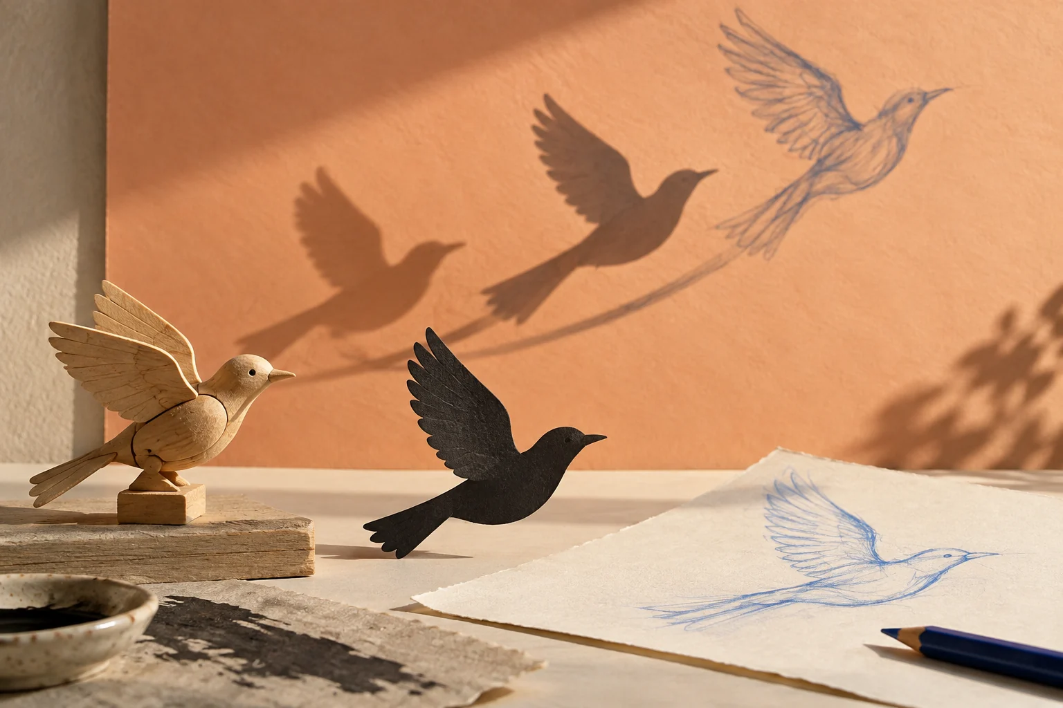 A wooden bird, a cut-paper silhouette and a pencil drawing cast shadows along one arc of flight.