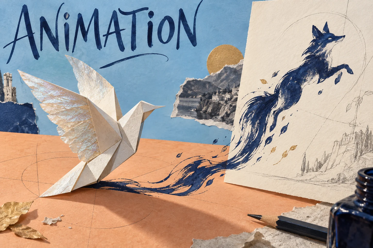 An origami bird faces a fox drawn in blue ink, with brush marks and ANIMATION lettering across layered paper.