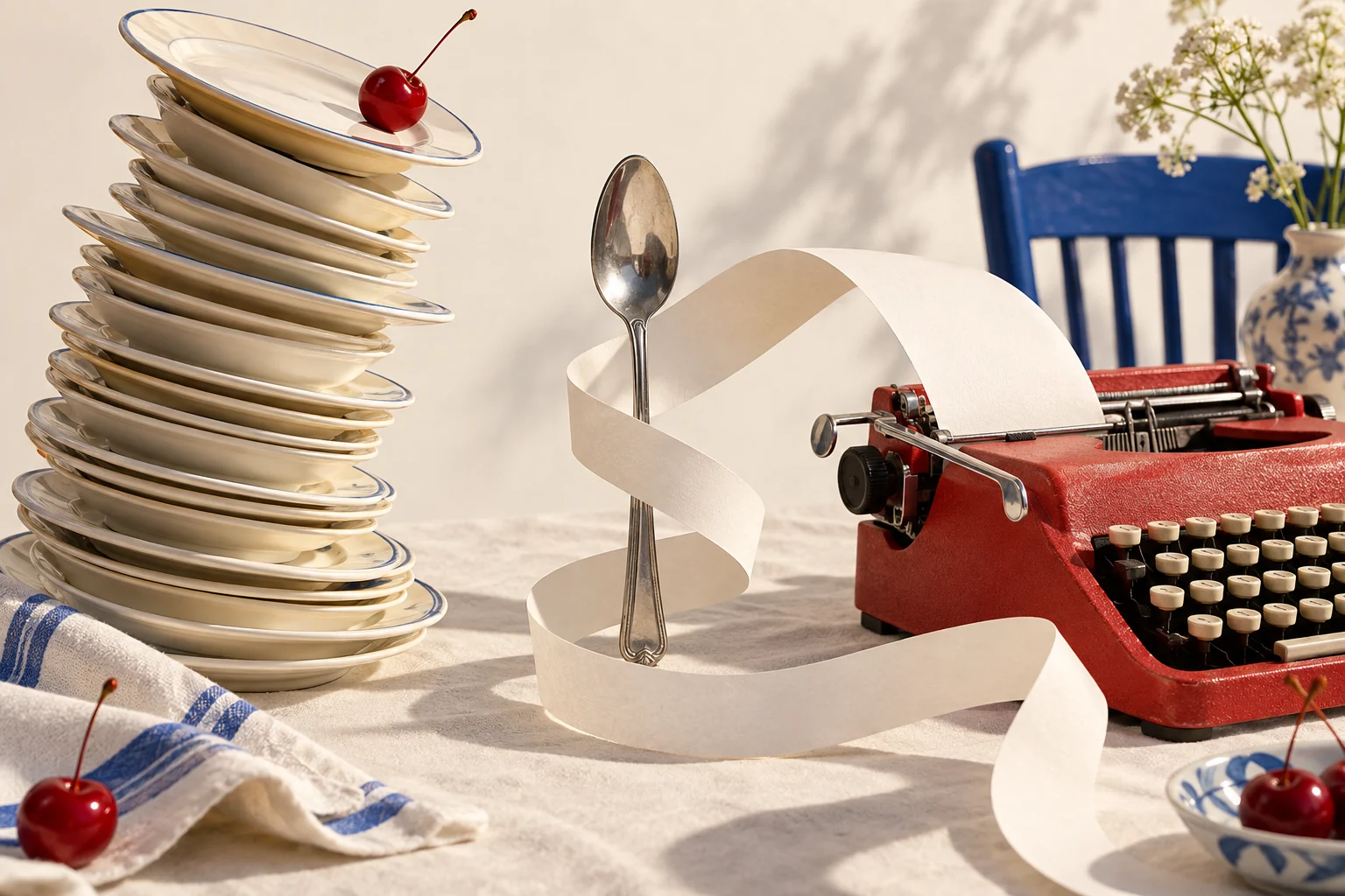 A leaning stack of plates faces a typewriter whose paper curls around a teaspoon.