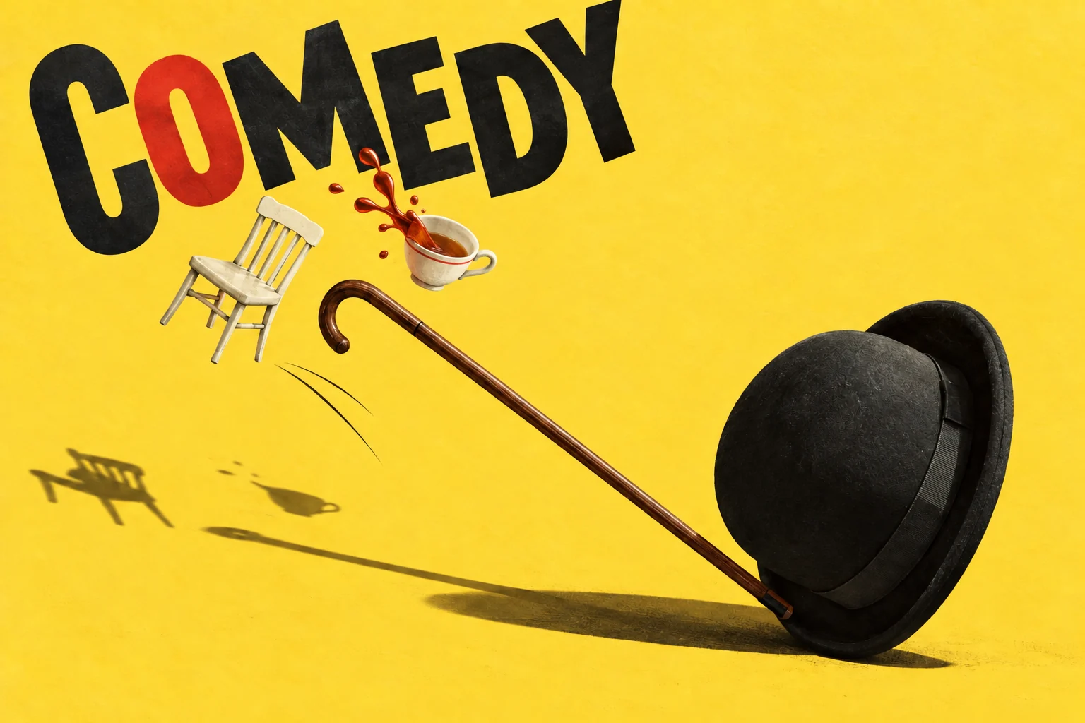 A bowler hat and wooden cane balance a tiny chair and spilling teacup beneath bold COMEDY lettering on yellow paper.