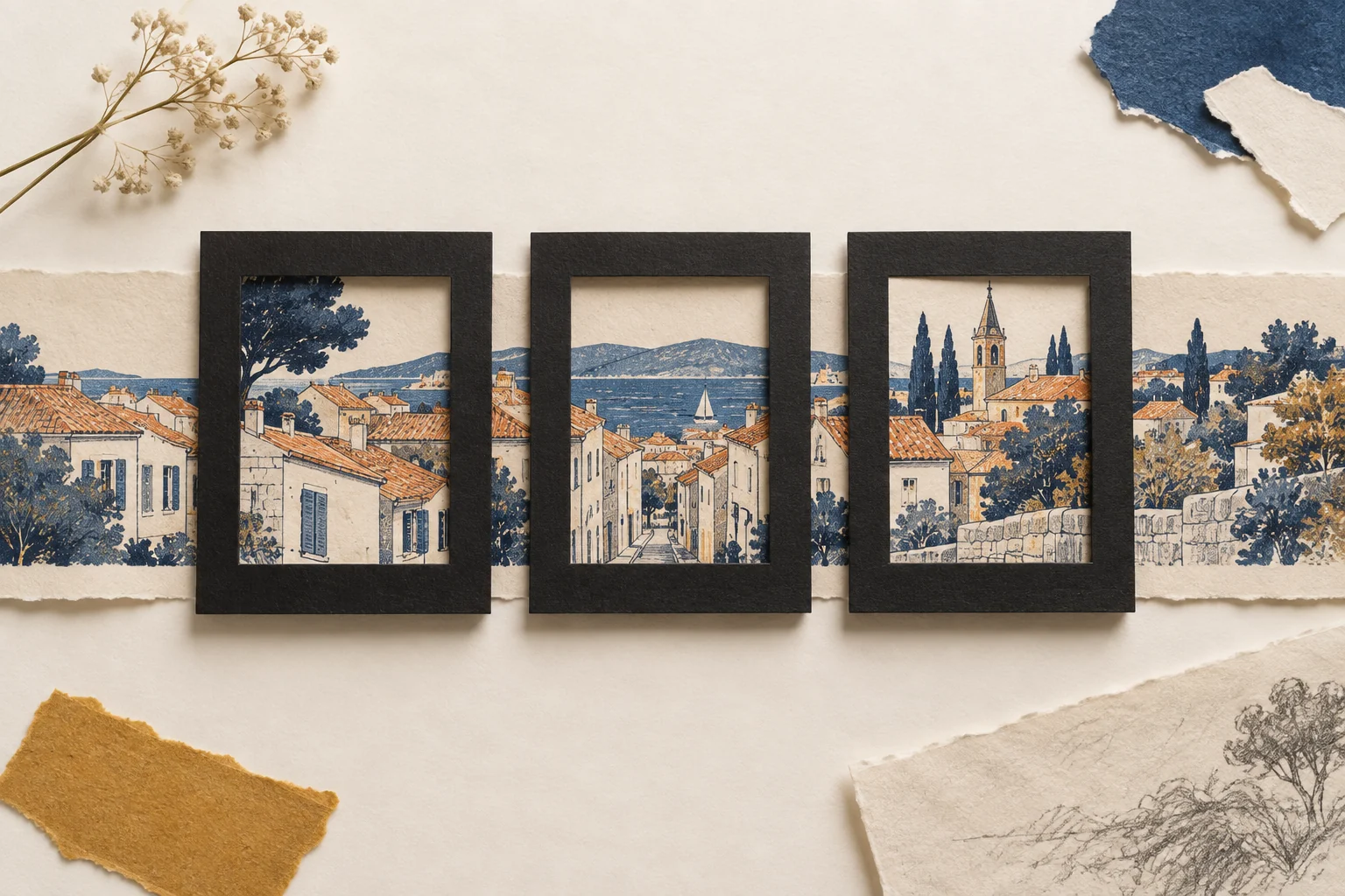 Three black paper frames select different parts of one continuous illustrated street.