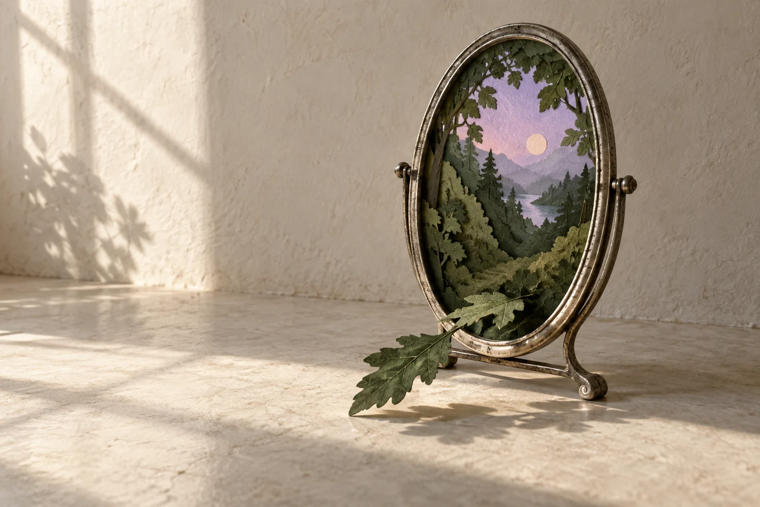 A silver mirror reflects an impossible forest, and one leaf lies outside its frame.