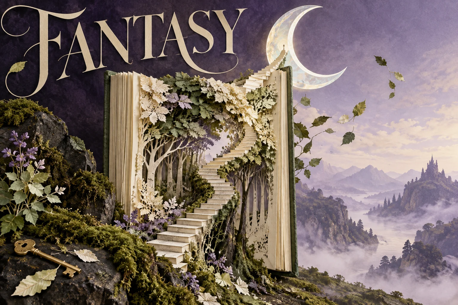 An open book becomes a forested staircase beneath a crescent moon, with a brass key and FANTASY lettering.
