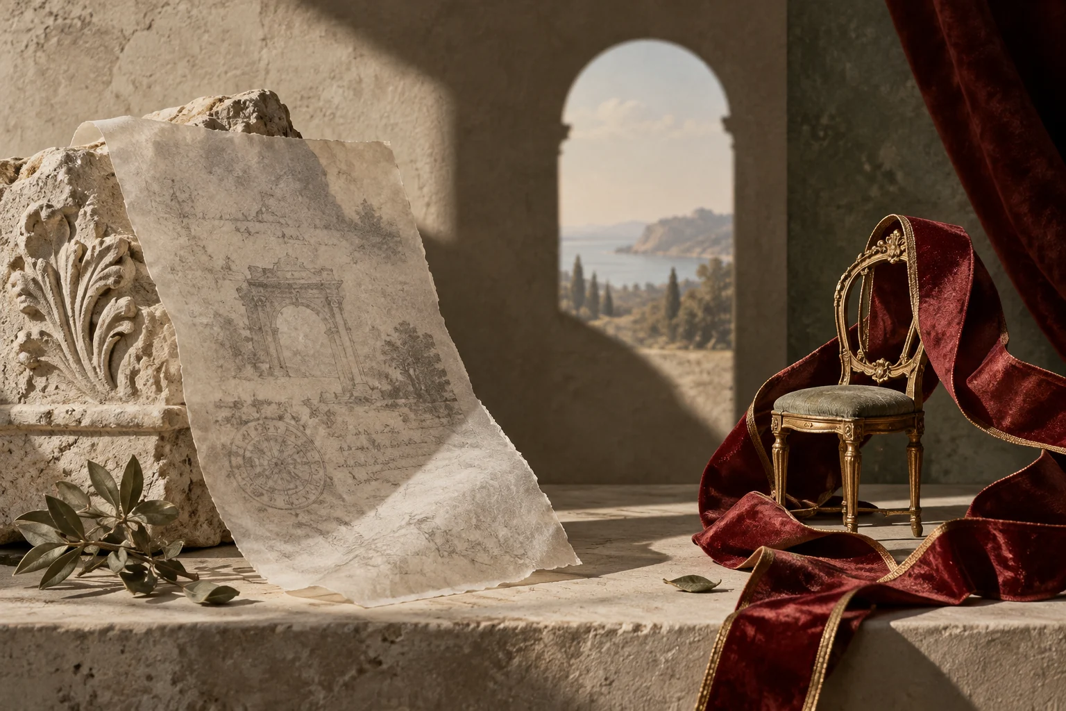 Vellum and a stone fragment sit beside a miniature chair wrapped in crimson fabric.