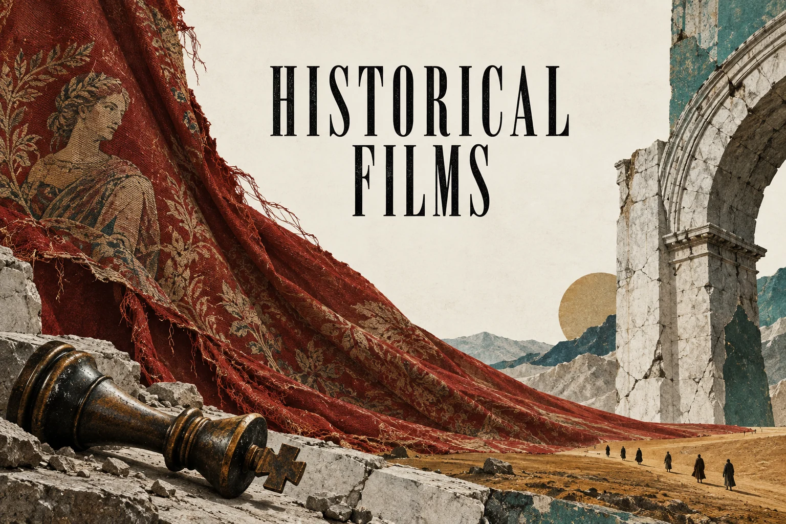 A crimson tapestry falls beside a ruined arch and a toppled chess piece beneath HISTORICAL FILMS lettering.