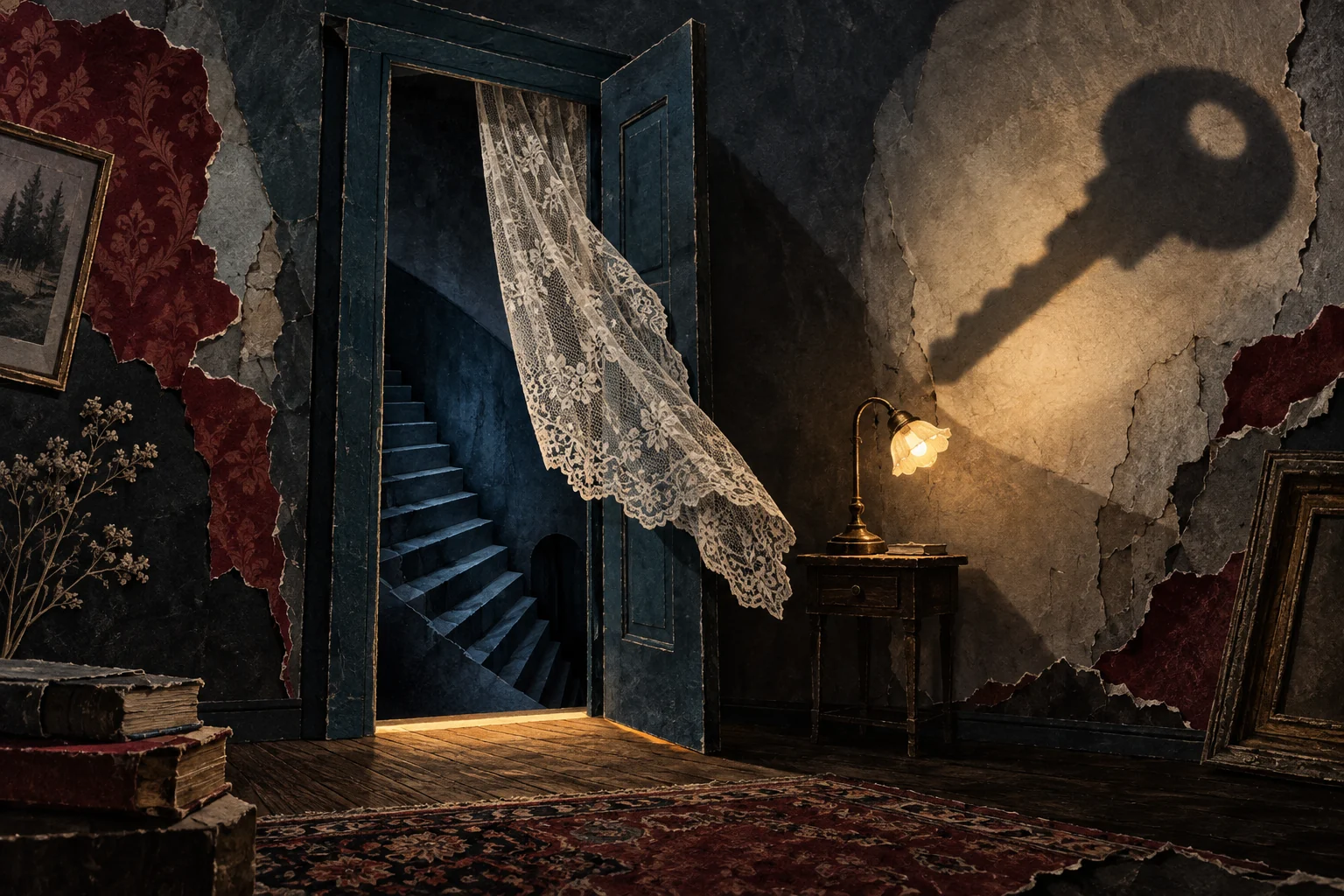 A lace curtain reveals a dark staircase while a lamp illuminates an enormous key-shaped shadow.