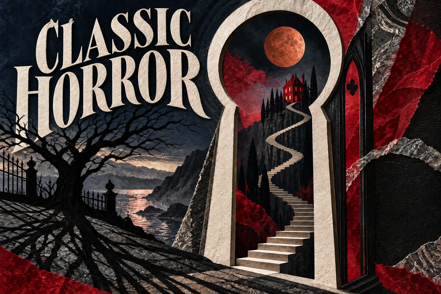 A giant ivory keyhole opens onto a red Gothic house, with CLASSIC HORROR lettering, paper shadows and a copper moon.