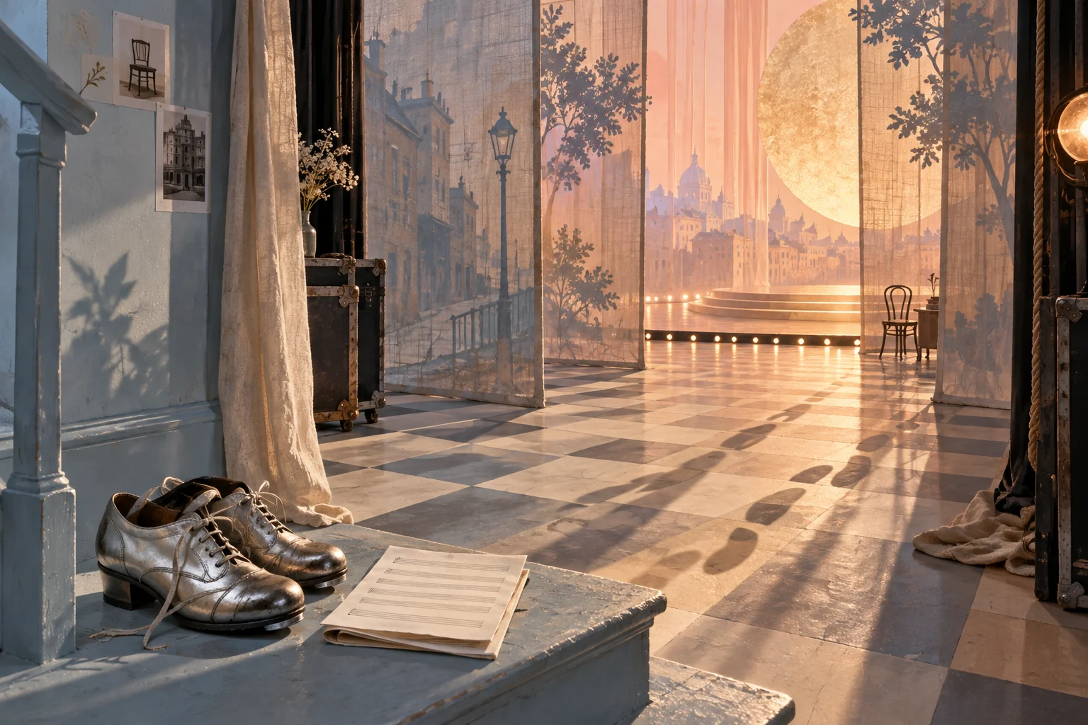 Tap shoes sit where a modest stair landing opens into layers of theatrical scenery.