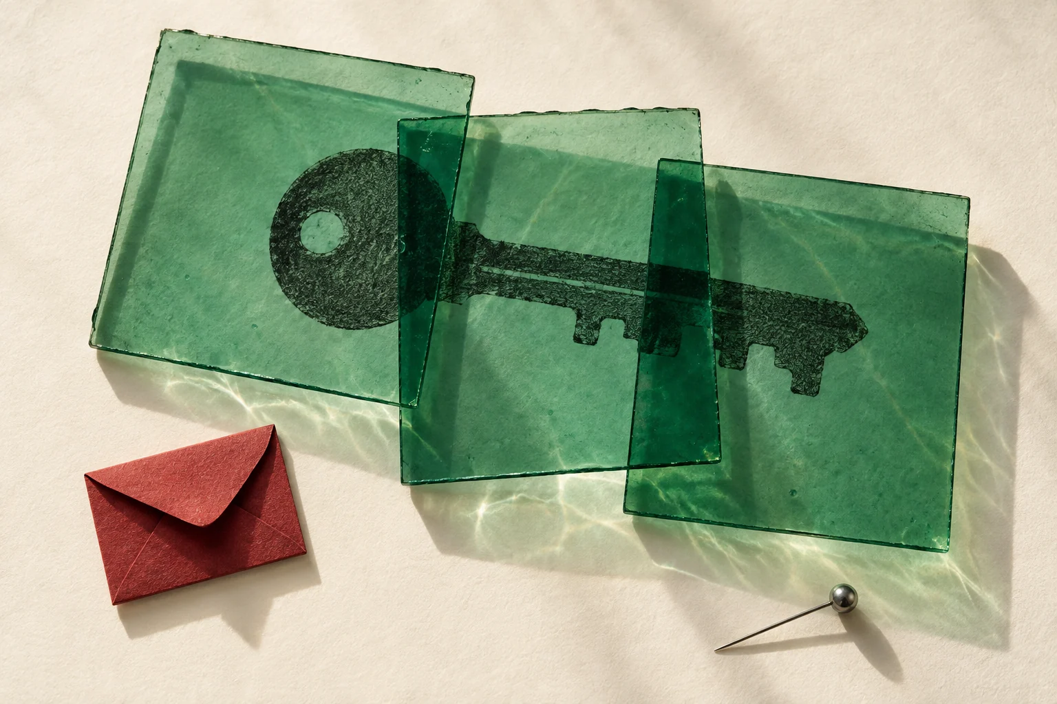 Fragments printed on transparent green sheets align to reveal the shape of a key.