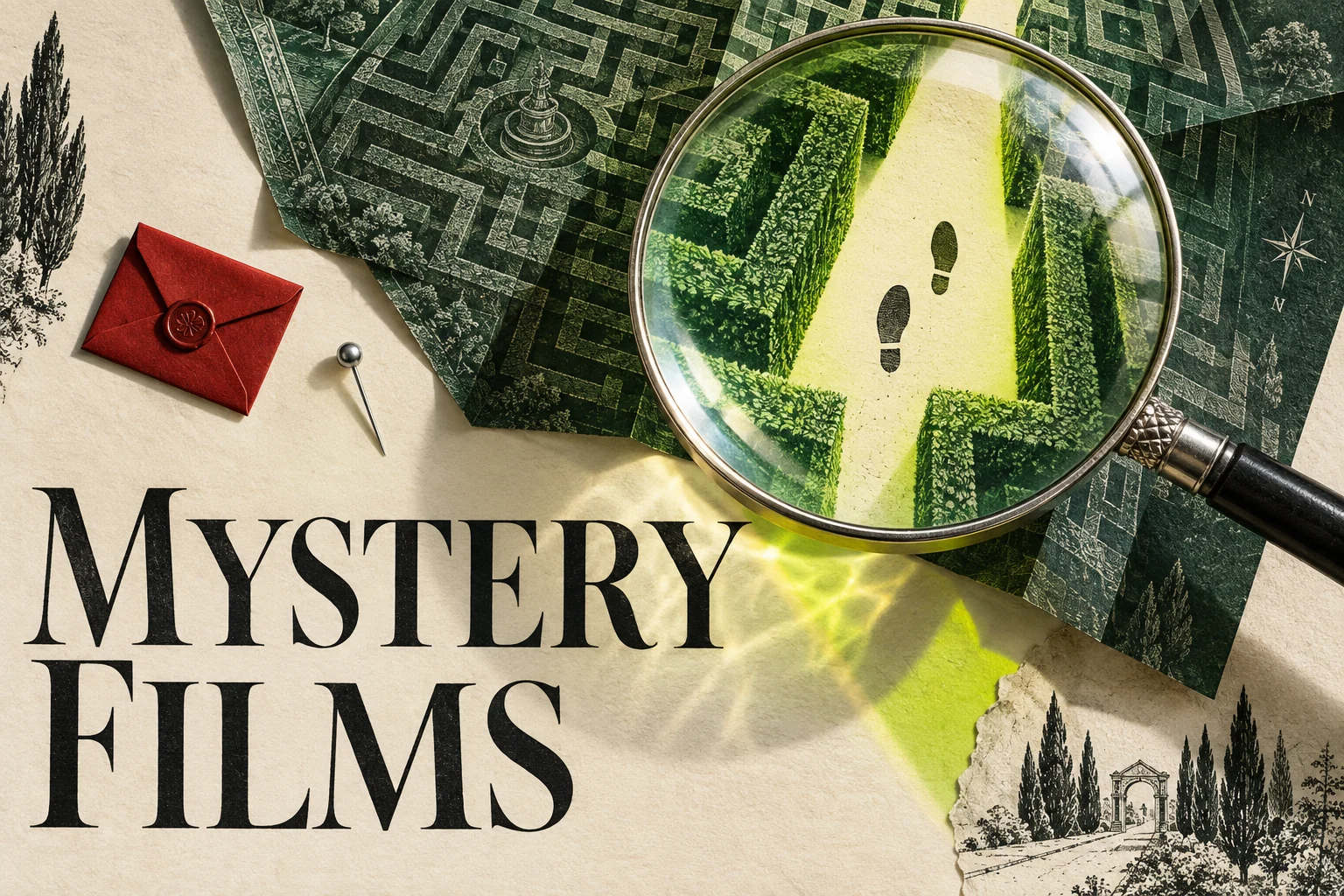 A magnifying glass reveals footprints inside a green maze beside a sealed red envelope and MYSTERY FILMS lettering.